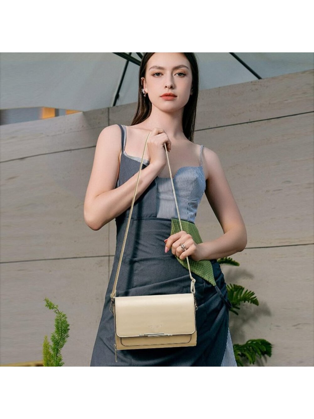 Roulens Women's Beige Leather Crossbody Shoulder Handbags with Credit Card Slots - Picture 2 of 6
